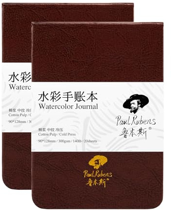 Paul Rubens Aquarell-Journal, 2 Pack 40 Blatt 100% Baumwolle, säurefreies kaltgepresstes Aquarell-Skizzenbuch 9 x 12,8 cm, 140 lb/300 g/m² für Aquarelle, Gouache, Acryl