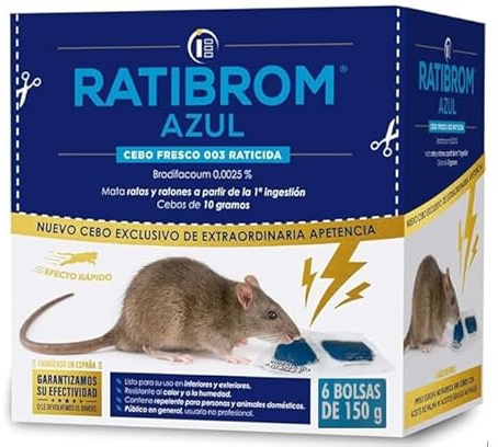 Ratibrom Azul Cebo Fresco 900gr 6 BOLSAS DE 150GR - Impex. Raticida eficaz contra Ratas y Ratones. Listo para Usar. Eficaz con Solo una Ingesta.
