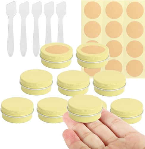 BPackGo 10 Pcs 15ml - D41mm x H17mm Aluminium Tin with Lids, Yellow Aluminium Tin Jars with Lids, Lip Balm Tins, Sample Pots for Candles, Cream, Powder, Cosmetics with Labels and Spatulas