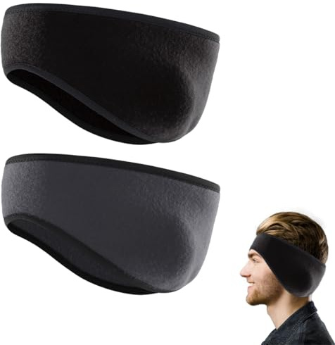 WUSJCOF Lot de 2 Cache-oreilles en polaire thermique extensible, bandeau protege oreille pour adultes, hommes et femmes, restez au chaud et confortable contre le froid (Noir)