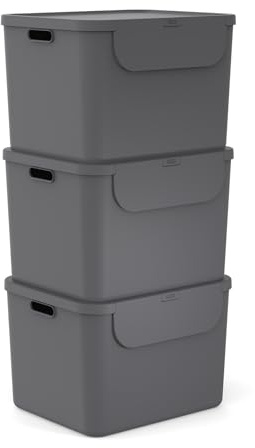 Rotho Albula Mülleimer Küche Mülleimer 3 Fächer 3 x 55 L Set Anthrazit | Papierkorb, Abfalleimer Küche, Mülleimer mit Deckel, Rotho Mülleimer 3er-Set, Tragegriffe, frontal zu öffnen, 6 Aufkleber