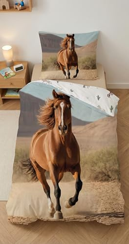 Hästsängkläder - vilda flykt 100 % bomull, påslakan 140 x 200 cm + örngott 65 x 65 cm