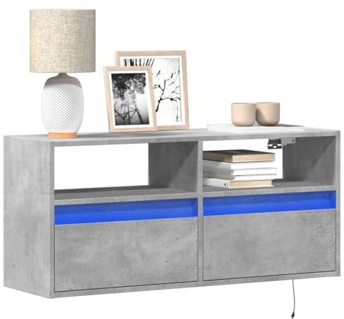 Ziaphsol Meuble TV mural avec éclairage LED RVB - Gris béton - 100 x 31 x 45 cm - En bois - Meuble TV flottant pour salon, centre de divertissement - Design peu encombrant