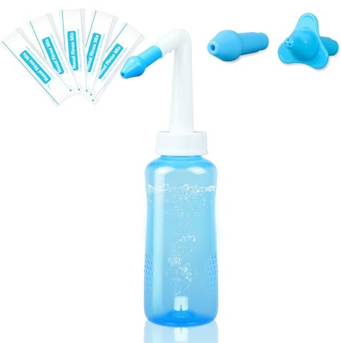 Kecartu Sinus Rinse Bottle, 330ml Neti Pot with 40 Sinus Rinse Packets and Sticker Thermometer, Nasal Washing Bottle Nose Wash Pressure Irrigation for Adult Kids, Blue