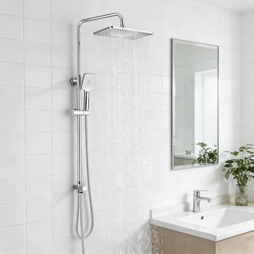 hevenaov Shower Column Set, ABS Rectangular Rain Shower Head, 3-Setting Handheld Showerhead, 1.5-Meter Stainless Steel Hose (Mixer Valve Not Included), Bathroom Shower Column, Chrome-Plated
