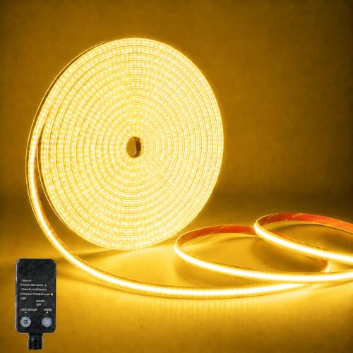 COB Led Streifen 10M Aussenbereich mit Lichtsensor Timer 3000K Led Band | 24V Led Leiste mit Netzteil, CRI90+, 10mm Breit, Silikon Flexibel Lichtleiste für Dachtraufe, Garten, Terrasse, Hof, Küche