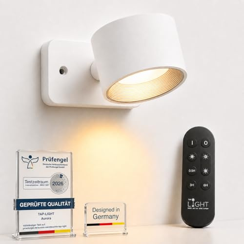 Die Preisgekrönte Tap-Light® Aurora Premium Wandleuchte LED - Fernbedienung & 360° Magnethalterung - Dimmbar 3 Lichtfarben - Kabellos Ohne Bohren für Bett Sofa Treppe - Weiß