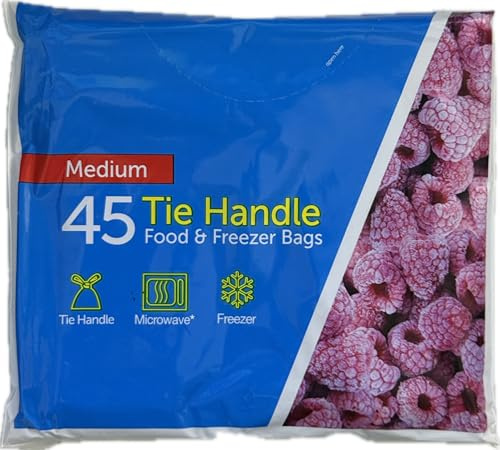 Medium Tie Handle Food & Freezer Bags (45 Pack) – Strong Leak-Resistant Storage Bags, Microwave & Freezer Safe, Write-On Label Panel, Multi-Purpose Food Storage Bags