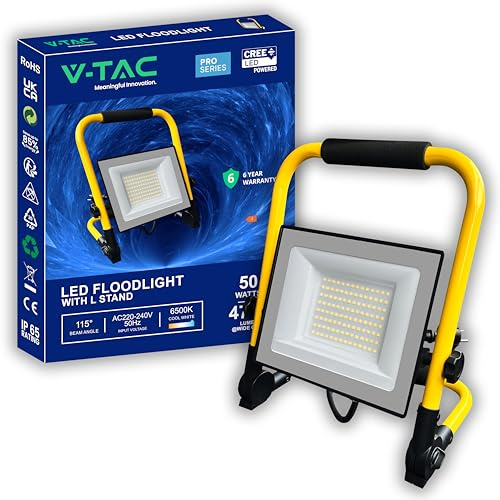 V-TAC Faretto LED da Cantiere 50W - [ CHIP CREE LED - ALTE PERFORMANCE ] - 4270 Lumen - Impermeabile IP65 - Faro Led da Esterno per Lavori e Garage - Cavo 3M - Staffa Piehevole - Luce Fredda 6500K
