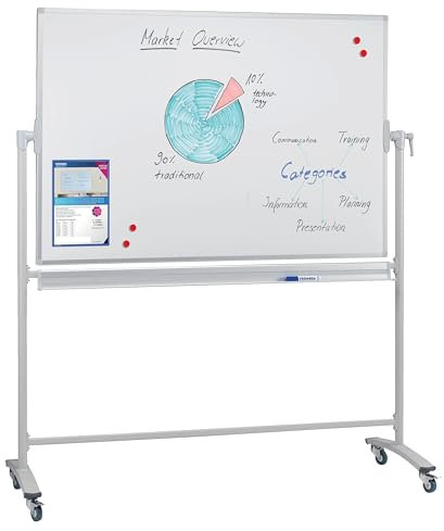 FRANKEN Mobiles Whiteboard, doppelseitig, lackiert, magnetisch, beschreibbar, trocken abwischbar, Whiteboard mit Ständer und Rollen, mit Metallgestell und schwenkbarem Rahmen, 90 x 120 cm, STC201