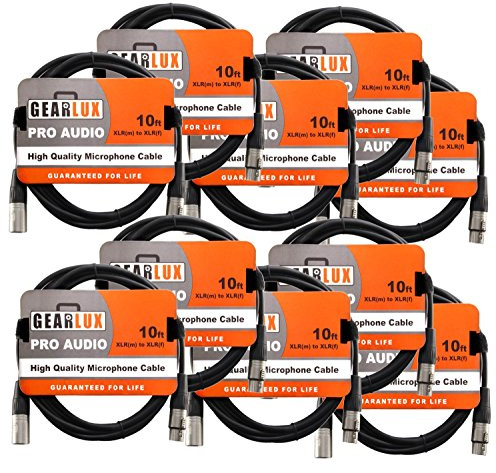 Gearlux XLR Microphone Cable, Fully Balanced, Male to Female, Black, 10 Feet - 10 Pack