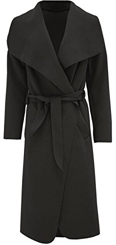 Hina Fashion Women Ladies Italian Waterfall Belted Long Sleeve Coat Jacket Top (One Size Fits 8-16, Black)