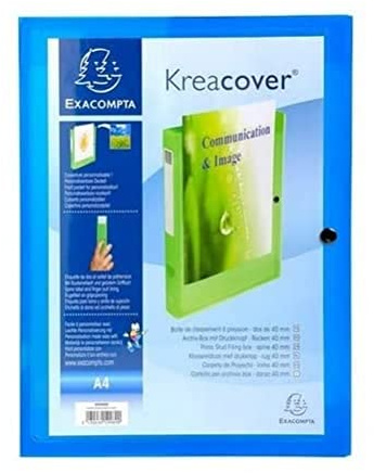 Exacompta 59982E 5er Pack Sammelbox KreaCover 40mm mit Gummizug aus transluzentem Kunststoff mit Klarsichthülle am Vorderdeckel und Druckknopf für DIN A4 Archivbox Heftbox Zeichenbox lau