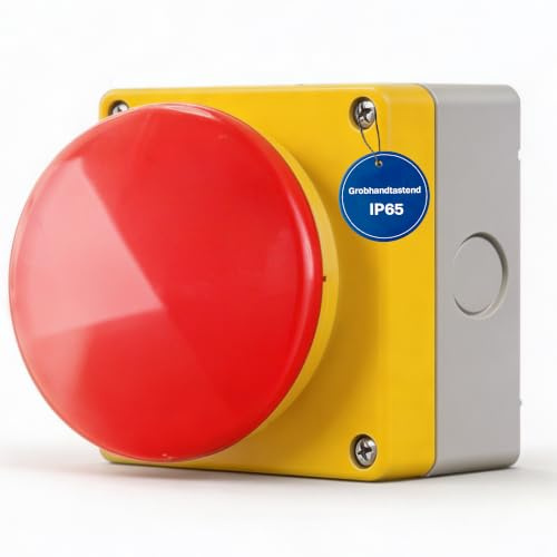 Intratec Buzzer Grobhandtaster Rot Gelb – IP65 Schalter Aufputz Taster Drucktaster 1NO + 1NC zwangsöffnend für industriellen Gebrauch made in EU – 94 x 94 x 90mm