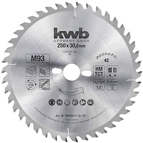 kwb Kreissägeblatt 250 x 30 mm, schneller Schnitt, mittlere Güte, Sägeblatt geeignet für Weich- und Hartholz, Tischlerplatten und Spanplatten