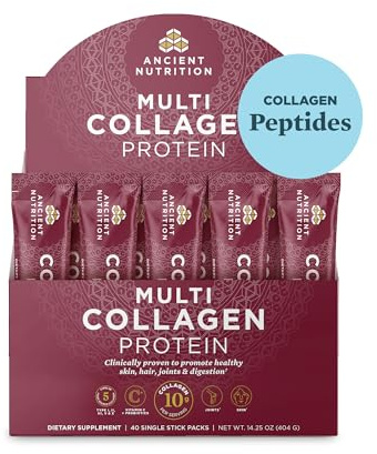 Ancient Nutrition Collagen Peptides Powder, Multi Collagen Protein, Women & Men, Vitamin C, Probiotics, Hydrolyzed Collagen, Supports Skin, Joints, Gut Health, Unflavored, 40 Stick Packs
