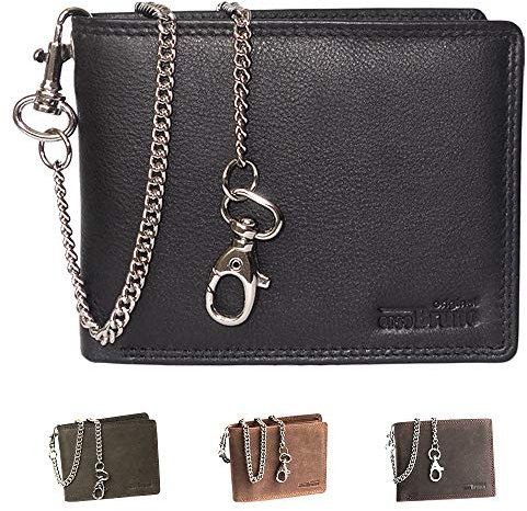 Schwarze Geldbörse mit Kette im hochwertigen Leder Querformat Bikerbörse mit Kette Kettenbörse Geldbeutel Portemonnaie Scheintasche Männer Herren schwarz