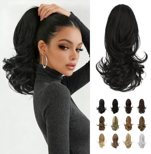 Sofeiyan 33cm Pferdeschwanzverlängerung Langer lockiger Pferdeschwanz Clip in Klaue Haarverlängerung Natürlich aussehendes synthetisches Haarteil für Frauen, Natürliches Schwarz