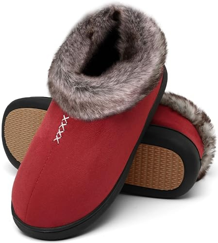 Mishansha Chaussons Femme Hiver Chaud Confortable - Pantoufles Charentaises Fourré Slippers Rouge Foncé, Gr.40 EU