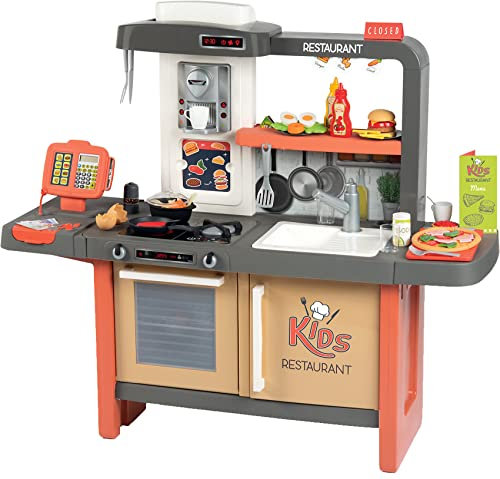 Smoby - Kids Restaurant - Kinderrestaurant mit vielen Spielbereichen und Elektronische Kochplatte, mit 63 Zubehörteilen, für Kinder ab 3 Jahren