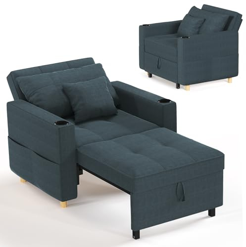 YODOLLA 3-in-1 Sleeper Chair Bed, Convertible Single Sofa for Small Room, Adjustable Armchair With Side Pocket, Navy