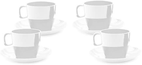 Harfield White Tea Cups & Saucers 8 Piece Set Virtually Unbreakable Reusable Polycarbonate x4 Tea Cups x4 Saucers