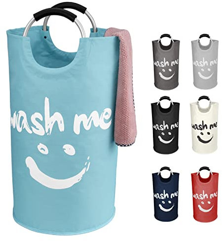 IHOMAGIC 95L Groß Wäschesammler für Alleinlebende, Faltbarer Wäschekorb mit Henkel, Freistehender Wäschekorb Rund aus 600D Oxford-Gewebe, Tragbarer Wäschetonne für Wohnheime, Wohnungen, Blau
