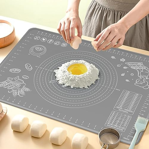 Silicone Pastry Mat 60x40 cm Extra Thick Non Stick Baking Mat with Measurements and Edge Heightening, Food Grade Silicone Rolling Dough Board for Pastry, Bread, Cookies, Pizza, Fondant, Pasta - Grey