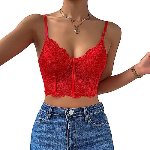 Rongseng Crop Tops Damen Sexy Spitze Bauchfrei Camilose Top Spaghettiträger Cropped Oberteil V-Ausschnitt Spitzentop Bralettes Untertops Sommer Cami Tank Top