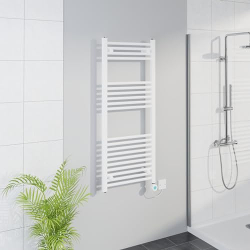Warmehaus WiFi Electric Bathroom Straight Radiator Timer 1200x500mm White | Thermostatic, Smart LCD Display, Child Lock, T Piece, Prefilled, Electric Heated Towel Rail Warmer, Energy Efficient