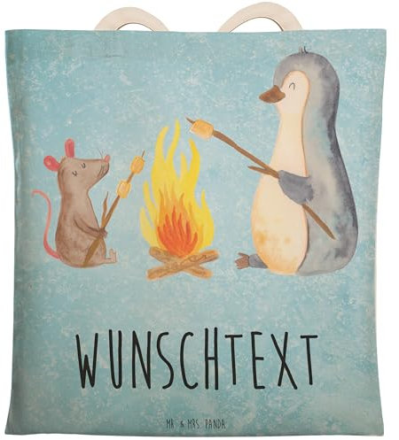 Mr. & Mrs. Panda Personalisierte Einkaufstasche Pinguin Lagerfeuer - Geschenke, Maus, Tragetasche Selbst Gestalten, Baumwolltasche Mit Namen, Personalisiert, Nachhaltige, Job