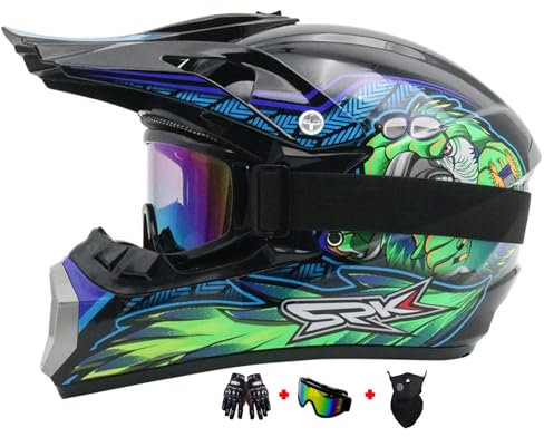 Casque Moto Enfant avec Goggle, Gants et Masque - Jeunesse Casques De Cross Intégral pour Cycliste, Homme et Femme (Col