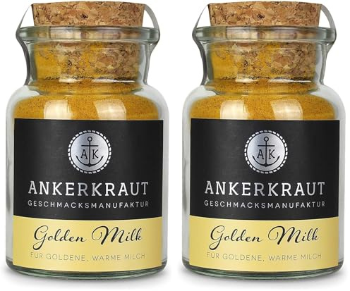 Ankerkraut Golden Milk Goldene Milch Gewürz, für Kurkuma-Latte, Macchiato, Kaffe oder Cappuccino, mit Ingwer, Muskat, Pfeffer, Zimt, 75 g im Korkenglas (Packung mit 2)