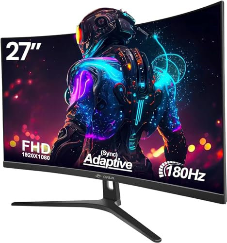 CRUA 27'' Curved Gaming Monitor, FHD 1080P, 200Hz, 1ms GTG, 1800R Curvature, FreeSync, Low Motion Blur, Eye Protection, VESA Mount, HDMI & DP, Black