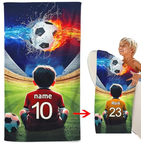 CHEFFS Fußball Strandtuch personalisiert mit Namen Mikrofaser 100x200cm | Großzügige Größe 100 x 200 cm für Erwachsene