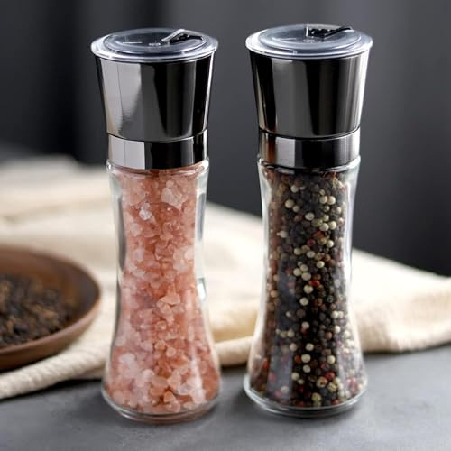 Glamified Glam Salt and Pepper Grinder of 2 Sets, Premium Stainless Steel Sea Salt Glass Cruet, Black Pepper Mill with 5 Grade Adjustable Coarseness, Large Body Travel Shaker Pinch Pots