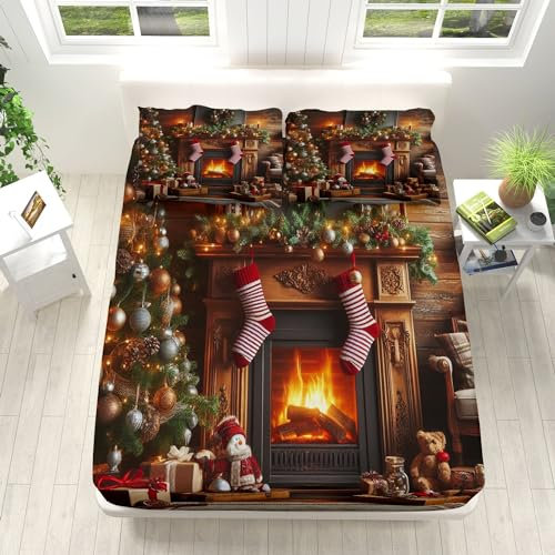 Spannbettlaken für Topper Kamin, Weihnachtsbaum Weihnachten Spannbettlaken 180x200cm, Spannbetttuch Weiche Atmungsaktiv Hypoallergen Microfaser, Spannbettlaken Sets mit 2 Kissenbezug