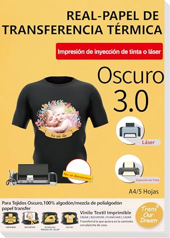 TransOurDream-Papel de Transferencia para tejido oscuro Mejora 3.0 | Transfer paper t-shirt printing,vinilo HTV,Mejora 3.0 edicion,A4 5Hojas,Papel Transfer,Perfecto para fiesta.