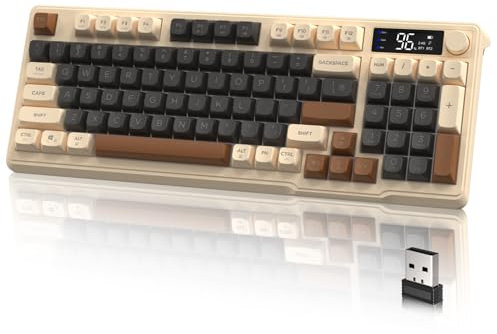 LexonElec M96 Tastiera da Gioco Wireless, Dual Mode-2.4G e BT5.0, Tastiera Semi-meccanica Membrana al 90% con Display e Knob, Copritasto PBT a 94 Tasti Rainbow Backlit, 3000mAh Ricaricabile - Caffè