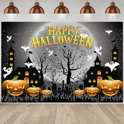 Hnmdmyi 2.1x1.5m Fotohintergrund Halloween Grau Horror Mond Nacht Schloss Friedhof Kürbis Laterne Geist Fotografie Hintergrund Kinder Erwachsene Familie Happy Halloween Party Dekorationen