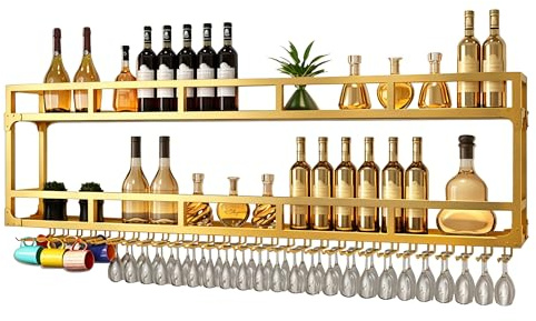 Metal Bar Shelves Wine Rack Wall Mounted Liquor Bottle Display Shelf with Wine Glass Rack and LED Light Kitchen Racks for Wine Bottles Floating Bar Mini Bar for Home Bar Restaurant Cafe Kitchen(Gold,1