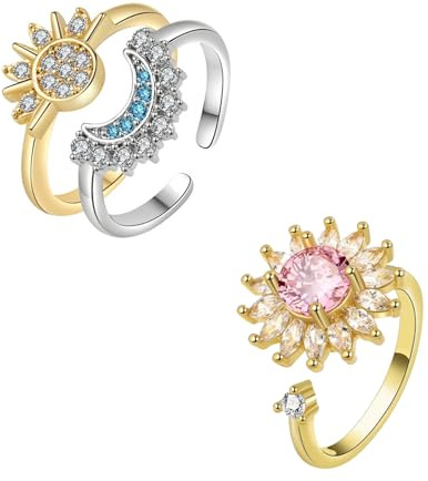 Caimeytie Damen Schmuckset (2 stück),Sternenring Damen,Sonnenring Damen,Mondring,Drehring,Stress abbauen Ring,mit Geschenkbox,EIN Geschenk für Frauen