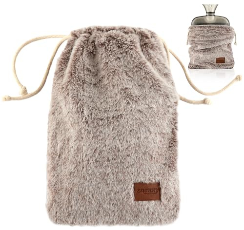 samply Hot Water Bottle with Cover 2L, Hot Water Bag, Brown | Soft faux fur drawstring cover keeps warm and removes easily. Ideal for hands, feet, neck and shoulders.
