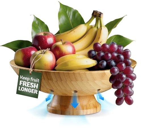 Fruit Basket for Kitchen Counter - Fruit Bowl for Kitchen Counter, Bamboo Pedestal Fruit Basket with Ventilation Holes, Wooden Fruit Bowl for Fruit and Vegetable Storage, Decorative Frutero for Cocina