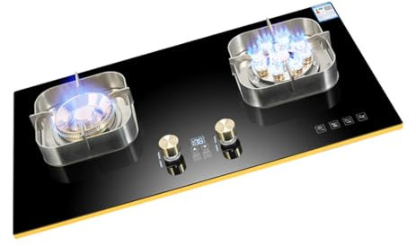 Fornello A Gas 2 Fuochi, Fornello A Gas In Vetro Temperato Nero, Fornello Di Conversione GPL/GN, Con Protezione Antincendio E Temporizzazione Su Entrambi I Lati, 5,2KW/7,2KW(LPG)