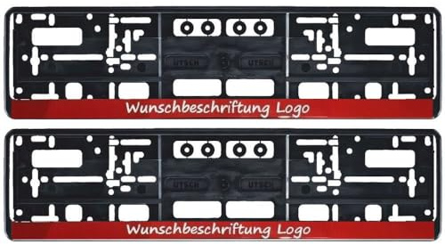 2 Stück Kennzeichenhalter mit Wunschtext Beschriftung Werbung Bedruckt (Leiste rot)