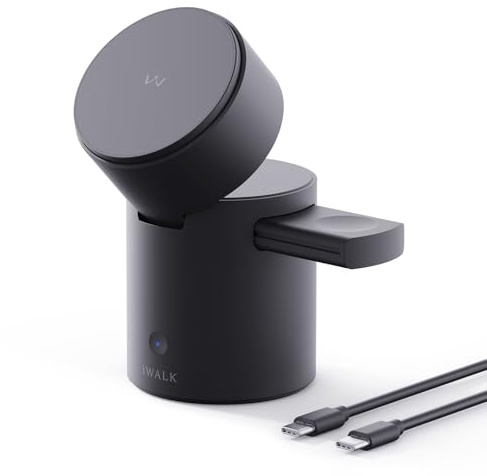 iWALK 3 in 1 Wireless Charging Station with Auto Rotation, Charger Stand with Magnet for Apple Devices, 15W Foldable Wireless Charger Stand for iPhone 17 16 15 14 13 12 & Apple Watch & Airpods,Black