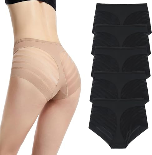 PNZLZIA Floralshe Calzones, Braguitas Moldeadoras de Cintura Alta sin Costuras con Control de Abdomen y realce de glúteos, Tanga de Encaje de Rayas Invisibles (Black,L)