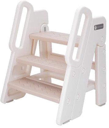 Funecho Tritthocker für Kinder, 2/3-stufig höhenverstellbar mit Griffen & rutschfesten Stufen. Leichtes Kunststoffdesign für Badezimmer, Küche & Sicherheitshilfe (Kamel)