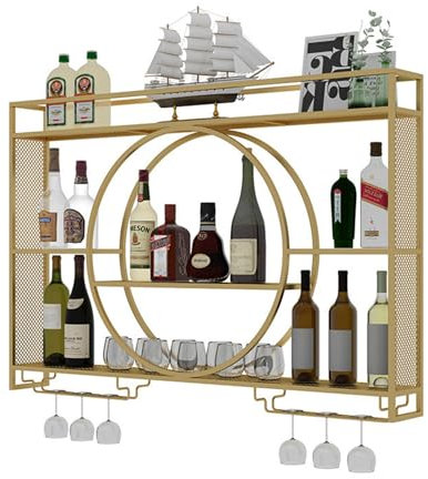 ShEyle 39 Zoll Weinregal Wandmontage, Flaschenregal 3 Ebenen mit Glashalter, Rostfrei und langlebig, platzsparend, für Home, Bar, Dining Room,Gold,55.1in